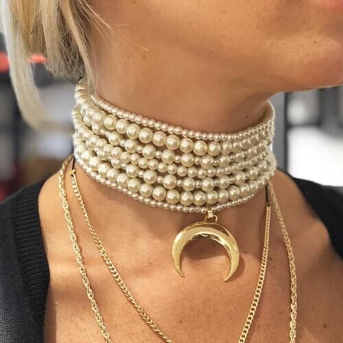 GULCE DERELI, MOON SYMBOL, CHARM NECKLACE, CHOKER NECKLACE, PEARL NECKLACE, GIFT BOX, GOLD/SILVER PLATED