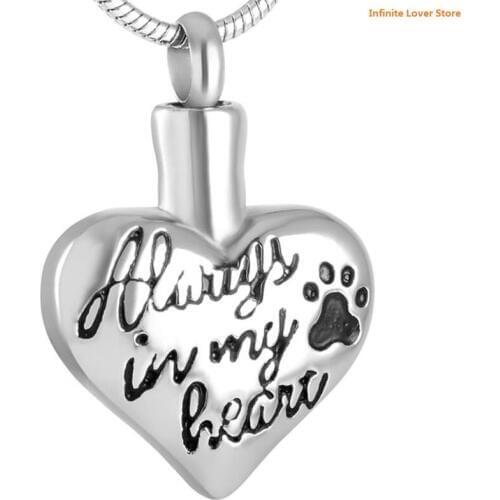 IJD8346 20Pcs a Lot "Always in My Heart" Paw Print Cremation Keepsake Pet Urn Necklace-Dog Cat Ashes Jewelry