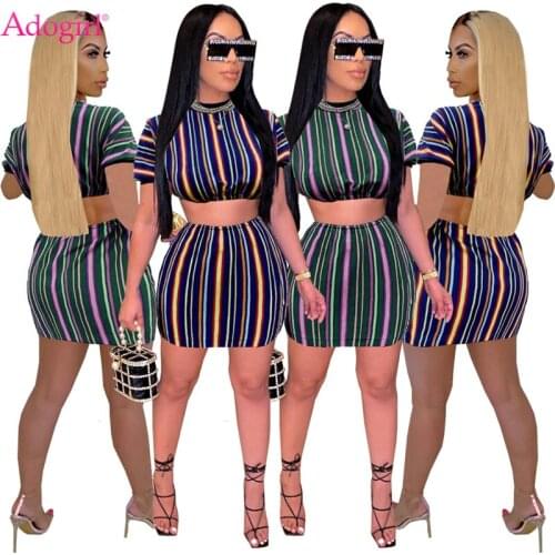 Adogirl Colorful Stripe Print Two Piece Dress Set Short Sleeve Crop Top Shirt Bodycon Mini Skirt Women Fashion Casual Suit