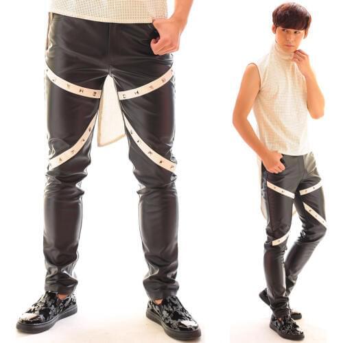 Fashion Personality Nightclub Male singer DJ Rivet black leather pants Performance wea trousers costume