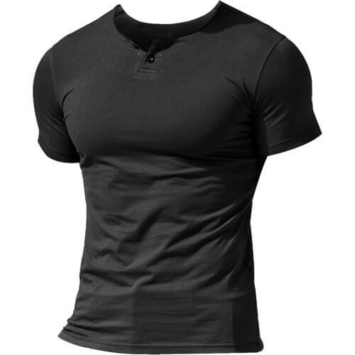 MUSCLE ALIVE Mens Summer Casual Short Sleeve Henleys T-Shirt Single Button Placket Plain O-Neck Shirts Bodybuilding Fitness