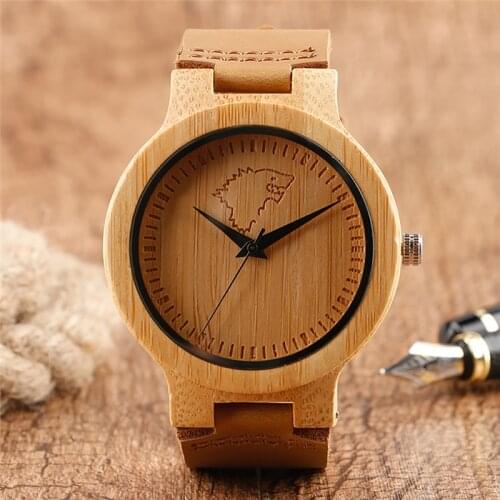 Antique Engraved Wolf Dial Natural Wood Clock Mens Quartz Analog Wristwatch Soft Leather Bracelet Strap Casual Clock Timepiece