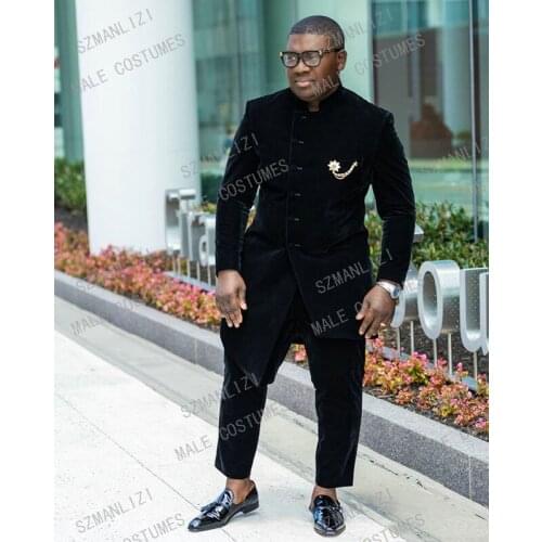 2020 Stand Collar Black Velvet Men Wedding Suit With Pants 2 Piece Suits For Men Tuxedo Slim Fit Prom Costume Homme Groom Blazer