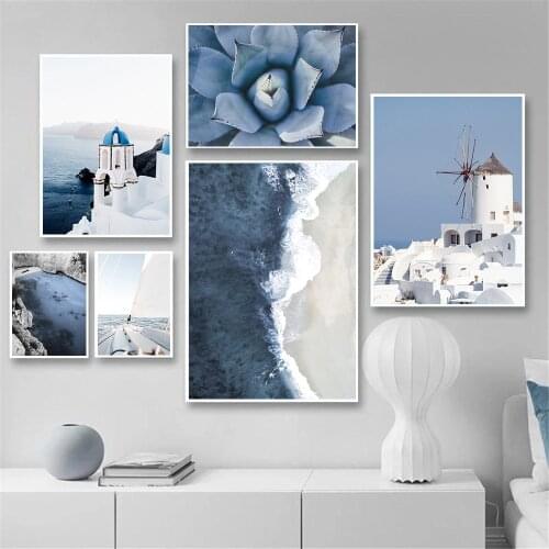 Italy House Landscape Wall Art Canvas Print Blue Ocean Beach Painting Cactus Art Poster Nordic Wall Pictures Living Room Decor