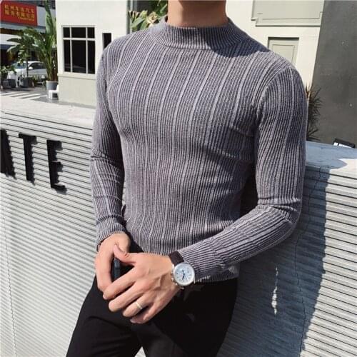 Clearance Brand Boutique Warmth Fashion Striped Solid Color Half High Collar Casual Business Mens Sweater Stretch Knit Pullover