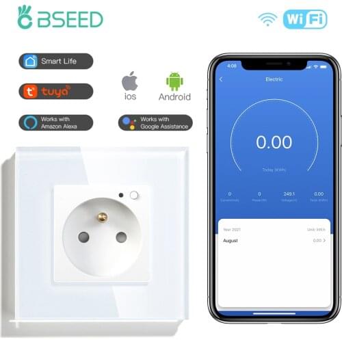 BSEED Single France Wifi Wall Socket Work With Tuya Alexa Smart Life White Black Gold Color 86*86mm Timer Function Smart Home