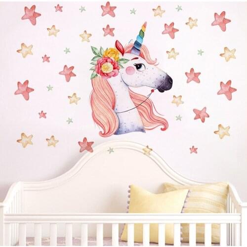 DIY Pink Unicorn Wall Sticker for Kindergarten Living Room Wall Decor PVC Flower Unicorn Horse Stickers for Childrens Room