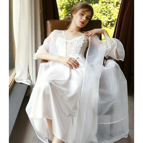 Sexy Summer Lace Three Quarter Ankl-Length Female Bathrobes Sleepwear Wedding Kimono Robes Sexy Robes Night Grow For Bridesmaid