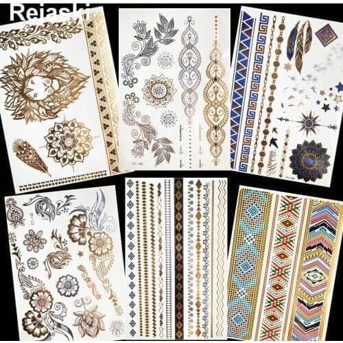 Henna Mandala Flower Gold Metallic Temporary Tattoo Stickers Girls Arm Chains Leaf Flash Fake Tatoos Women Legs Tattoo Bracelet