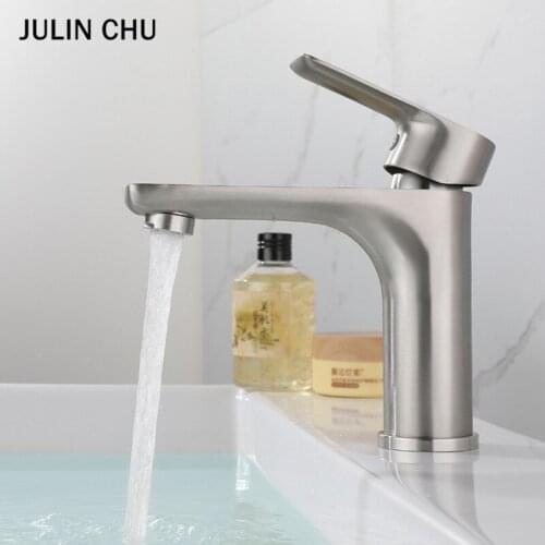 Bathroom Basin Faucet 304 Stainless Steel Deck Mounted Hot and Cold Water Saving Tap Mixer Crane Lavatory Washbasin Sink Faucets