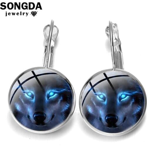 SONGDA Nordic Wicca Wolf Lever Back Earrings Transparent Art Photo Glass Cabochon Dangle Earrings for Women Wild Animals Jewelry