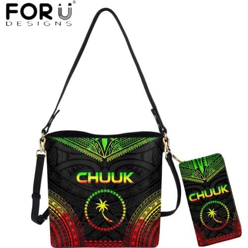 FORUDESIGNS Vintage Women PU Bucket Bag And Purse 2pcs Set Chuuk Polynesian Tribal Printed Elegant Lady Messenger Bolsas