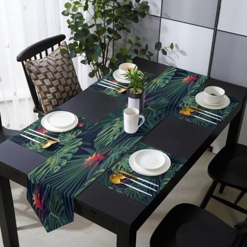 Tropical Jungle Green Plant Flowers Leaves Table Runner Set Cotton Linen Tablecloth Dining Table Decor Wedding Table Decoration