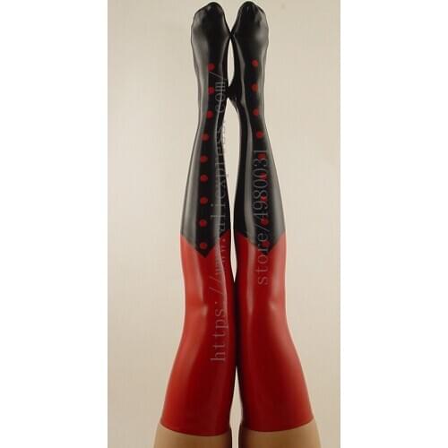 Dots patterns decorations womens black latex bondage stockings Fetish with red patchwork colors