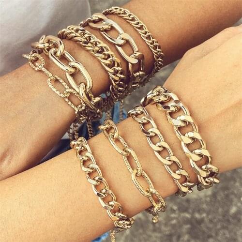 Vintage Punk Curb Cuban Chain Bracelets Set For Women Miami Boho Thick Gold Color Charm Bracelets Bangles Fashion Jewelry