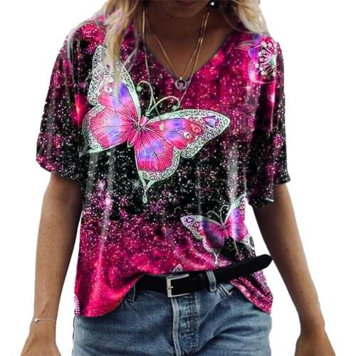 2021 Fashion New Spring And Summer V-Neck Short-Sleeved Shirt Butterfly Print T-Shirt Womens T-shirt Plus Size Loose Clothing