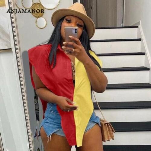 ANJAMANOR Sexy Patchwork Colorblock Button Up Sleeveless Shirts for Womens Tops and Blouses Fashion Fall 2021 Clubwear D68-BI17