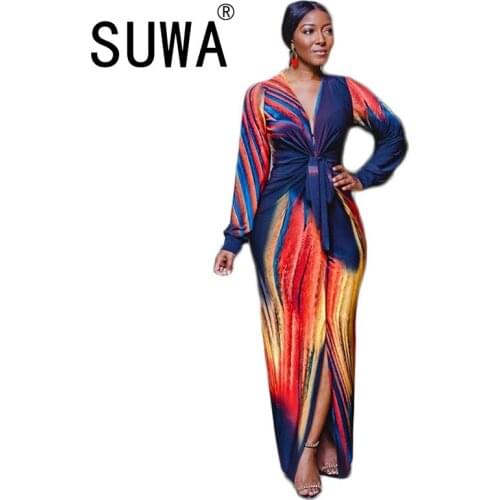 Hot Selling Women Dress Nightclub Style Tie-dye Printing Deep V-neck Long Sleeve Tie A Knot Bodycon Split Ankle Length Dresses