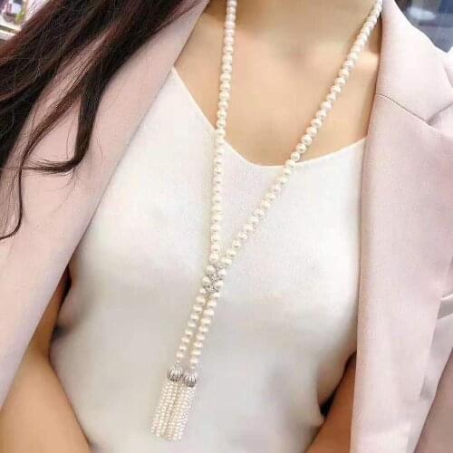 Womens jewelry 8-9mm 110cm micro inlaid zircon accessories white freshwater pearl necklace tassel pendant long sweater chain