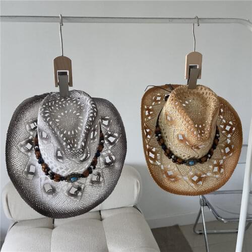 01907-panwan5741 HANDMADE natural grass Gradual Western Cowboy fedoras cap men women leisure beach panama jazz hat