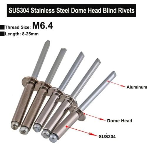 SUS304 Stainless Steel and Aluminum Core Blind Rivet, Pull Nails Tool Round Head Self-plugging Rivet M6.4 Length 8-25mm