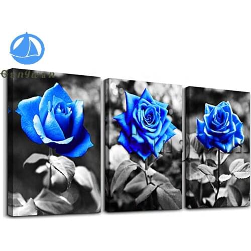 Black white blue rose flower diamond painting Bedroom wall art living room bathroom wall decoration Triptych full drill mosaic
