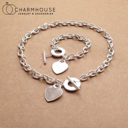 Pure Silver Jewelry Sets For Women Heart Charm Bracelet & Necklace 2 pcs Jewelry Set Collier Pulseira Femme Bijoux Party Gifts