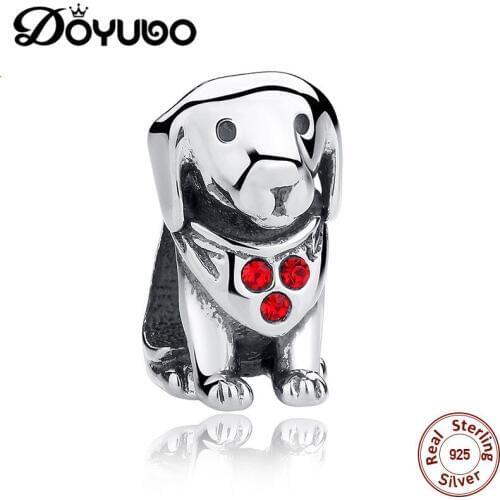 DOYUBO Lovely 925 Sterling Silver Dog Charms For Women To Match Bracelets New Design Red Cubic Zircon DIY Silver Charms ADD005