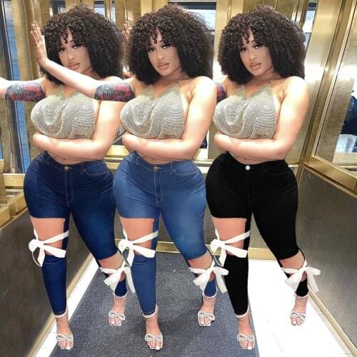 High Waist Skinny Comfortable Jeans For Women Hole Bandage Plus Size Fashionable Casual Straight Pants Mom Casual Jeans Washed