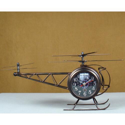 Shabby Effect Metal Helicopter Model Desk Clock Handmade Wrought Iron Bracket Clock Aircraft Decor Art Craft Ornament Furnishing
