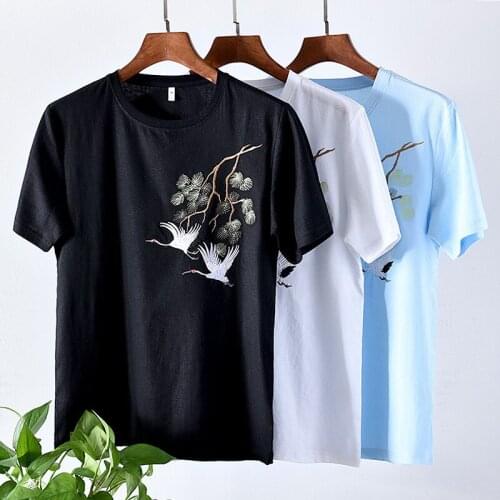 Chinese Style Crane Embroidered Linen T-shirt Men Short Sleeve Slim Round Neck Tshirt Summer Boys Traditional Tee Shirt Oversize