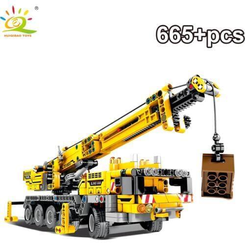 HUIQIBAO 665Pcs Engineering Derrick Car Model Building Blocks DIY Crane Technical City Construction Bricks Toys Children