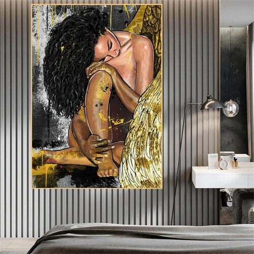Curly girl with golden wings Oil Painting on Canvas Portrait Posters Prints Wall Art Picture For Living Room Modern Home Decor