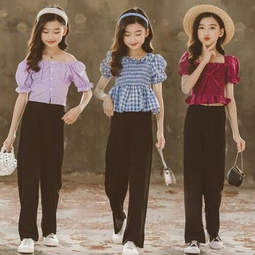 Princess Sets for Girls Clothing 2021 Puff Sleeve Short Tops High Waist Straight-leg Pants 2pcs Kids Clothes Thin Girl Outfits