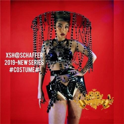 Nightclub Black sexy lady dance team bikini bra suit female costumes catwalk model show stage performance headdress clothes