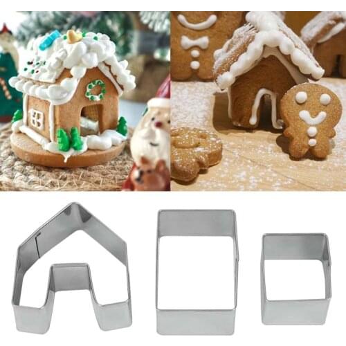 3Pcs Christmas Gingerbread House Cookie Cutter Set Stainless Steel Biscuit Fondant Cake Mould For Christmas New Year Party Decor