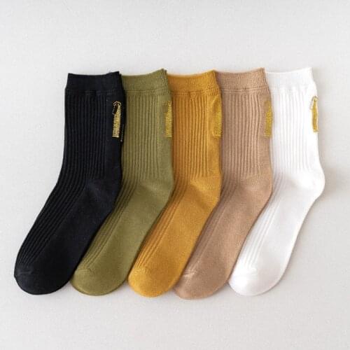 Spring The New Gold Line Letter All Cotton Socks Middle Tube Movement Trend Short Sock Comfortable Stripe Solid Color Cute Socks