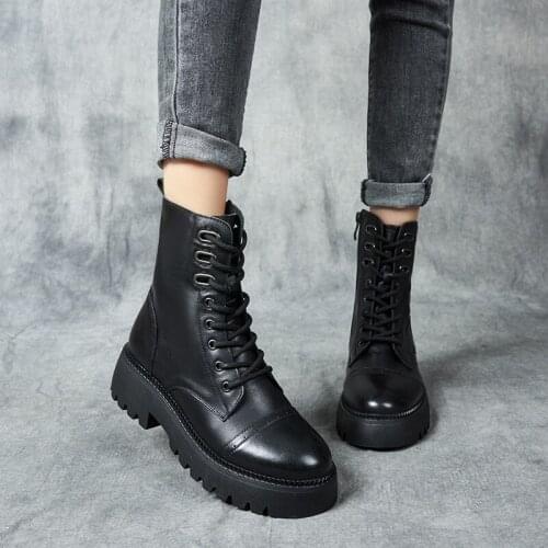 2021 Spring New Thick-soled Short Boots First Layer Leather Motorcycle Womens Boots Plus Cashmere Martin Boots Women