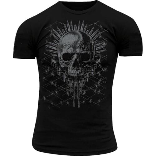 Gothic Style Weapon Gun Bullet Skull Barbed Wire Background T-Shirt. Summer Cotton O-Neck Short Sleeve Mens T Shirt New S-3XL
