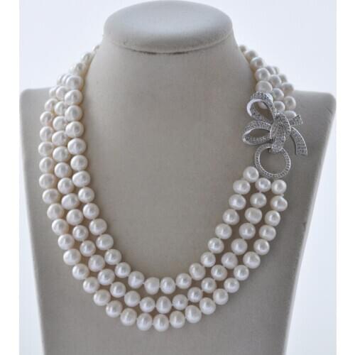 Z10715 3Row 19" 10mm White Round Freshwater Pearl Necklace CZ