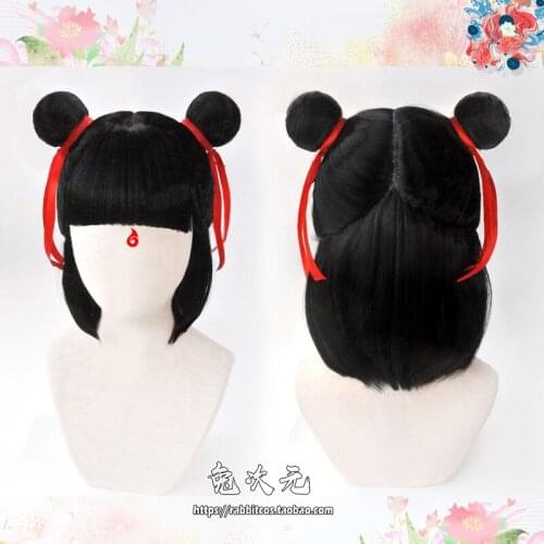 Movie Nezha Nuzar Nalakuvara Wig Heat Resistant Synthetic Hair Cosplay Wig with Red Ribbon+ Free Wig Cap