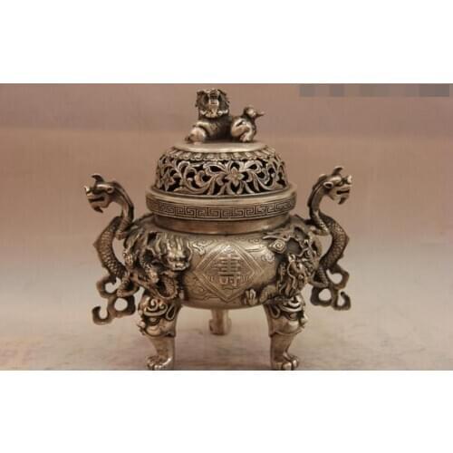 Song voge gem S1245 China White Copper Silver Foo Dog Lion Dragon Longevity Fu Incense Burner Censer