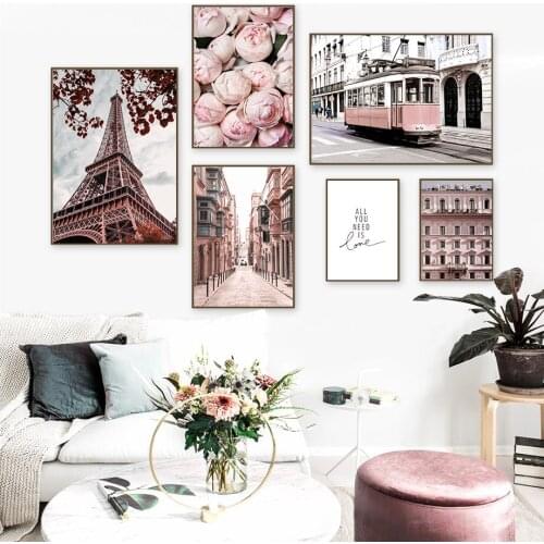 Nordic Posters And Prints French Architecture Tramcar Peony Street Wall Art Canvas Painting Wall Pictures For Living Room Decor
