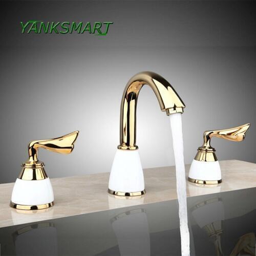 YANKSMART 3 pcs White Gold bathtub Shower Faucet set Double Handles Control Deck Mount Waterfall Basin Faucet mixer Water Tap