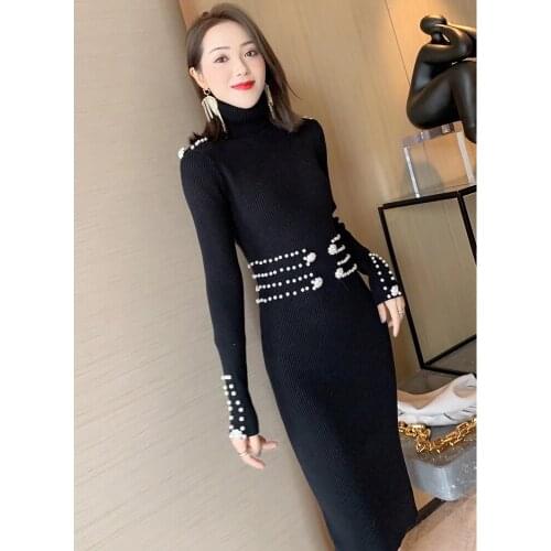 Heavy Industry Pin Bead High Collar Knitted Skirt Womens Spring And Autumn New Style Dress
