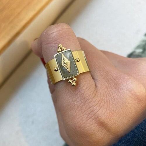 Vintage Stainless Steel Rings Statement Gold Wide Square Shape Blue White Gray Natural Stone Rings For Women Party Jewelry Gift