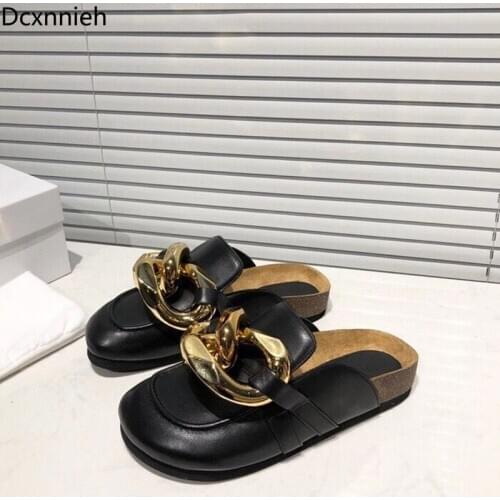 New 2020 Runway Gold Chain Closed Toe Slippers Women Genuine Leather Thick Sole Mules Women Round Toe Low Heels Mules for women