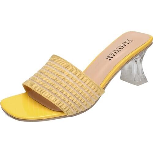 New Summer Crystal Shoes Woman Slides Mules Transparent Thick High Heels Sexy Ladies Shoes Plus Size Hollow Air Mesh Women Shoes