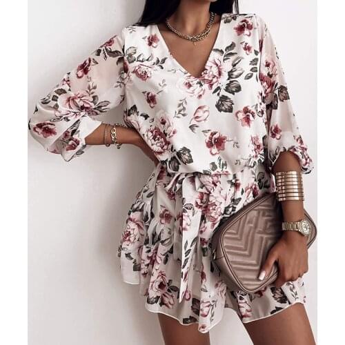 Spring V Neck Flower Print Womens Dress High Waist Pleated 2021 Summer Holiday Party Cocktail Party Mini Dresses Long Sleeves