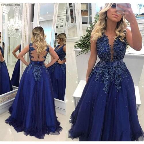 Royal Blue Evening Dress 2019 Cheap A Line Beaded Holiday Women Wear Formal Party Prom Gown Custom Made Plus Size